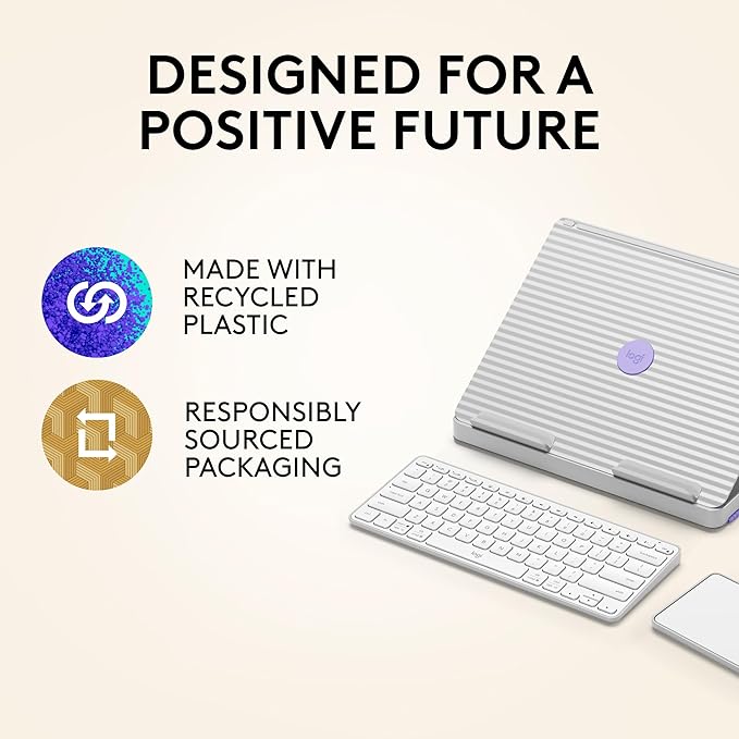 Logitech Casa Pop Up Desk Kit - Adjustable Laptop Stand for Desk, Wireless Keyboard & Touchpad, Bluetooth, USB C Charging, Nordic Calm, Tan/Purpl