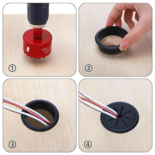 20 Pack Desk Grommets, 2 Inch Desk Cable Hole Cover with Built-in Hole Saw, Wire Cord Cable Grommet for Home Office, Black