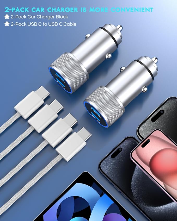 iPhone 16 Car Charger,2Pack Dual Port USB C Fast Car Charger Type C Rapid Charging Adapter with 2Pack USB C to C Nylon Braid Cable Woven Cord Fast Charging for iPhone 16/16 Pro/15/15 Pro Max/iPad