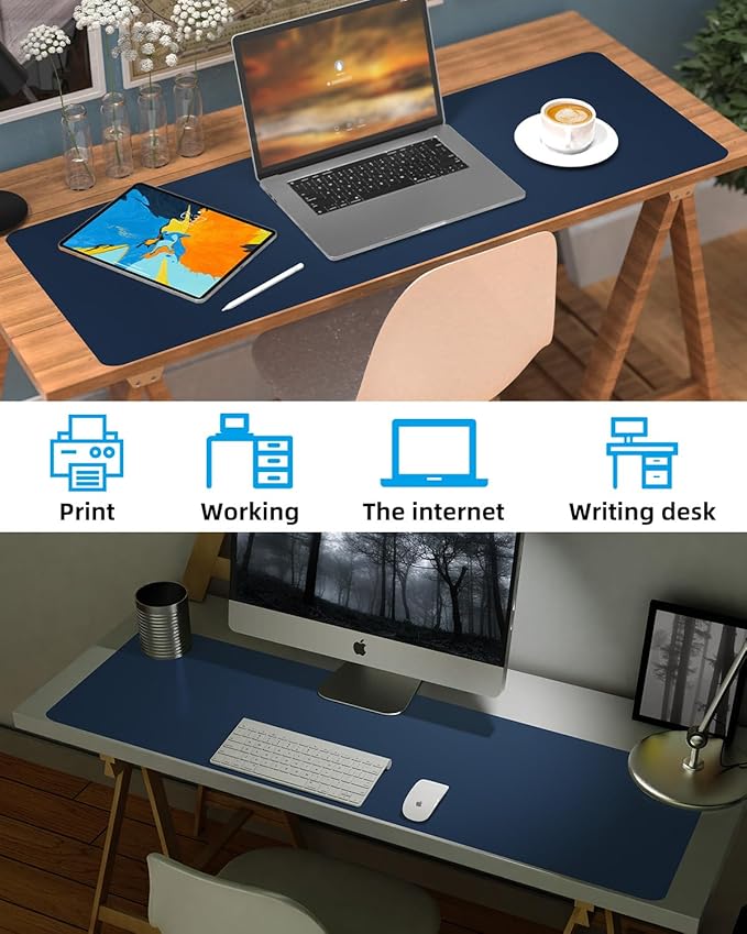 Leather Desk Pad Protector, Large Desk Mat, Mouse Pad, Non-Slip PU Leather Desk Blotter,Desk Cover mat,Desk mat for Keyboard and Mouse,Mat for Office&Home (Midnight Blue, 48" x 17")