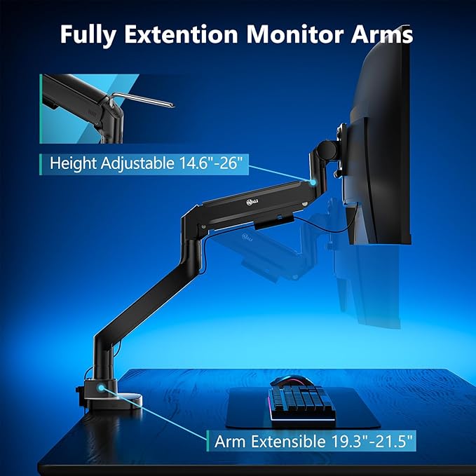 WALI 24-57" Monitor Arm, Heavy Duty Gas Spring Desk Mount for Ultrawide Flat and Curved Screen Up to 59.4lbs, VESA 75x75 to 200x200 (GSMU001XL-P), Black
