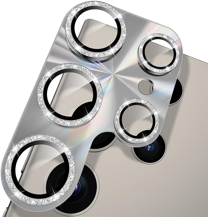 YWXTW Camera Lens Protector for Samsung Galaxy S24 Ultra, [Lithography Laser Gradient] [5X Strengthen] Bling Glitter Tempered Glass Screen Protector Metal Ring Camera Lens Cover (Titanium Gray)