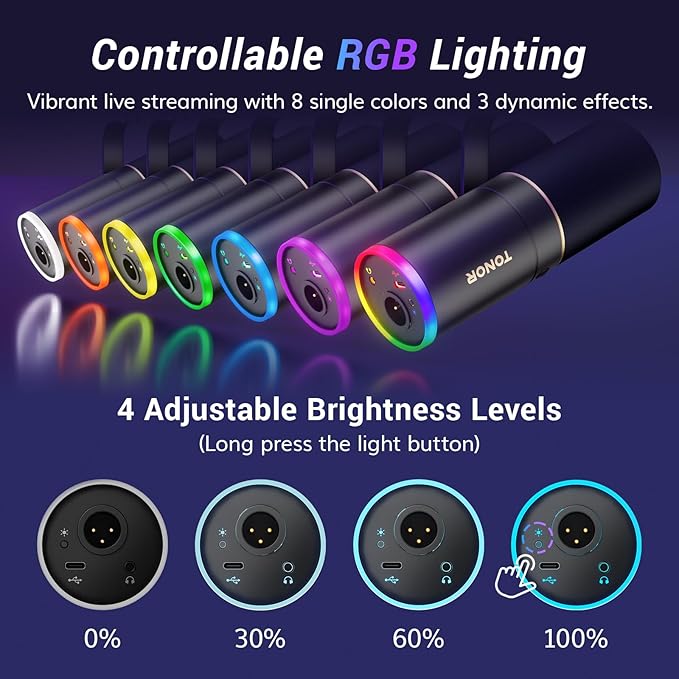 TONOR XLR/USB Gaming Mic, Dynamic Microphone for Podcast Recording Streaming with RGB Light, Mute Button, Headphones Jack, Monitoring, Desktop Stand, Metal Vocal Mic for PC Mac Android PS4/5 TD520S