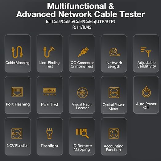 10 in 1 Network Cable Tester with 7 Wavelengths OPM 10Km/10mW VFL 600M Measurable Length 100 Records Tool Kit for CAT5 CAT6 Telephone Ethernet RJ11 RJ45 PoE Wire Tracer NCV, Blue