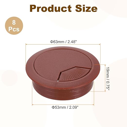 uxcell 8 Pcs 53mm (2.09 Inch) Desk Grommet, Plastic Cable Hole Cover, Wire Cord Cable Organizer for Home Office Computer Desk Cabinet, Brown