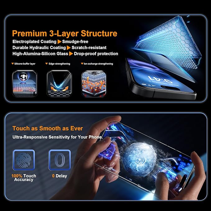 OneFish Screen Protector Glass for iphone 16, Airbag Edge Protection, 9H Glass Scratch Resistant, HD Clarity Tempered Film with Installation Frame, Easy Installation, 2Pack