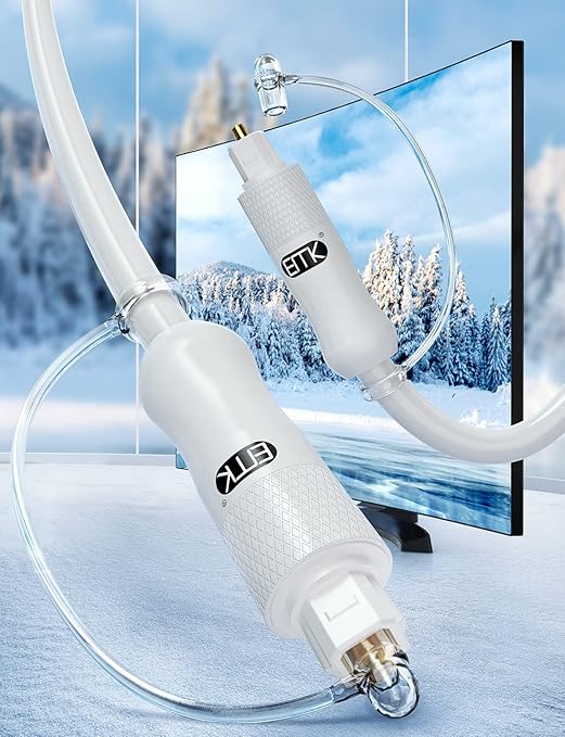 EMK White Optical Audio Cable [12ft/4M] - Digital SPDIF Toslink Fiber Optic Cable for Sound Bar, TV, Home Theater, Blu-ray Player - White, High-Speed, Low-Loss, Gold-Plated Connectors