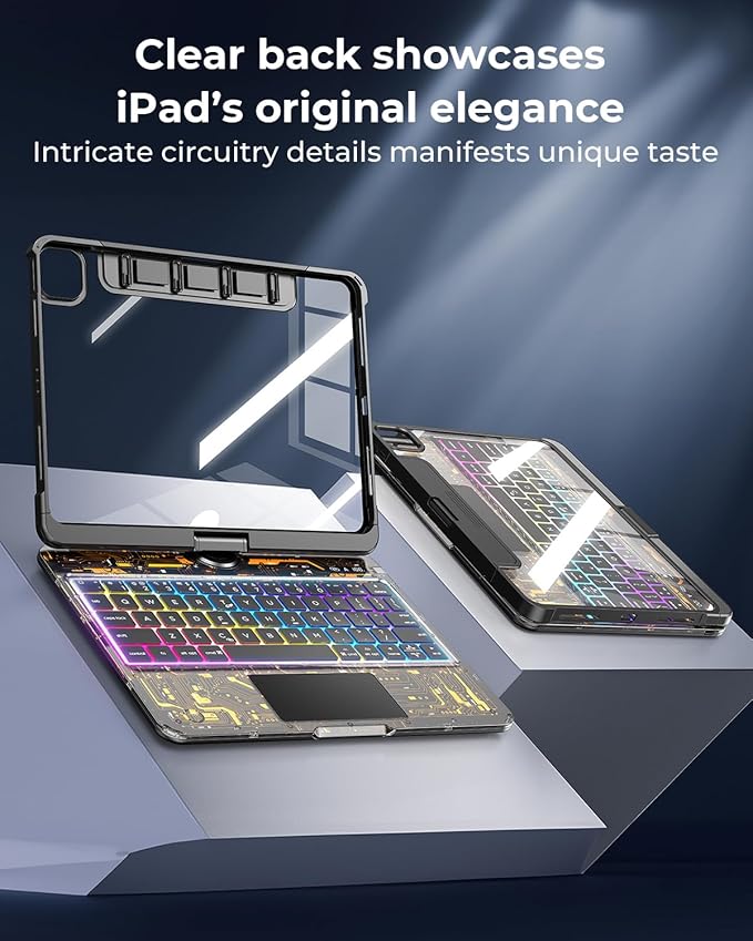 TSQQST Clear Wireless Keyboard Case for iPad (A16) 11th Generation 11-inch 2025/ iPad 10th Generation 10.9-inch 2022 with Pencil Holder & Multi-Touch Trackpad, 7-Color Backlight, 360 Rotatable, Black