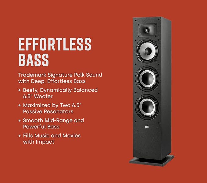 Polk Monitor XT60 Tower Speaker - Hi-Res Audio Certified, Dolby Atmos, DTS:X & Auro 3D Compatible, 1" Tweeter, 6.5" Dynamically Balanced Woofer, (2) 6.5" Passive Radiators (Single, Midnight Black)