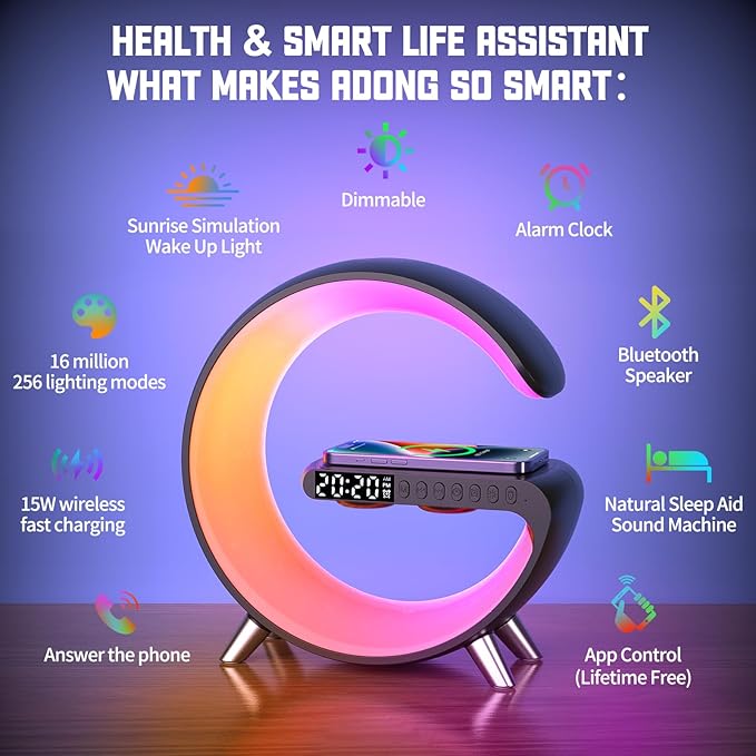 Smart Table Lamp with 4-in-1 Wireless Charger, Night Light, Bluetooth Speaker, Alarm Clock, App Control, Office, Bedroom, Home Decor (Black)