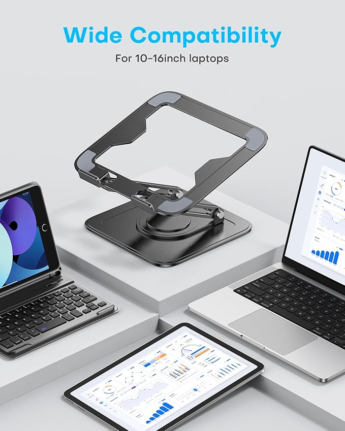 Adjustable Laptop Stand, Computer Stand with 360 Rotating Base, Ergonomic Laptop Riser Mount for Desk Foldable Protable Computer Desk Fits with MacBook Pro Air (10-16") - Black