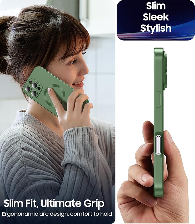 Magnetic for iPhone 16 Pro Case [Compatible with MagSafe][Built-in Camera Lens Protector] Slim Soft Silicone Bumper Shockproof Metallic Luster Phone Case (Green)