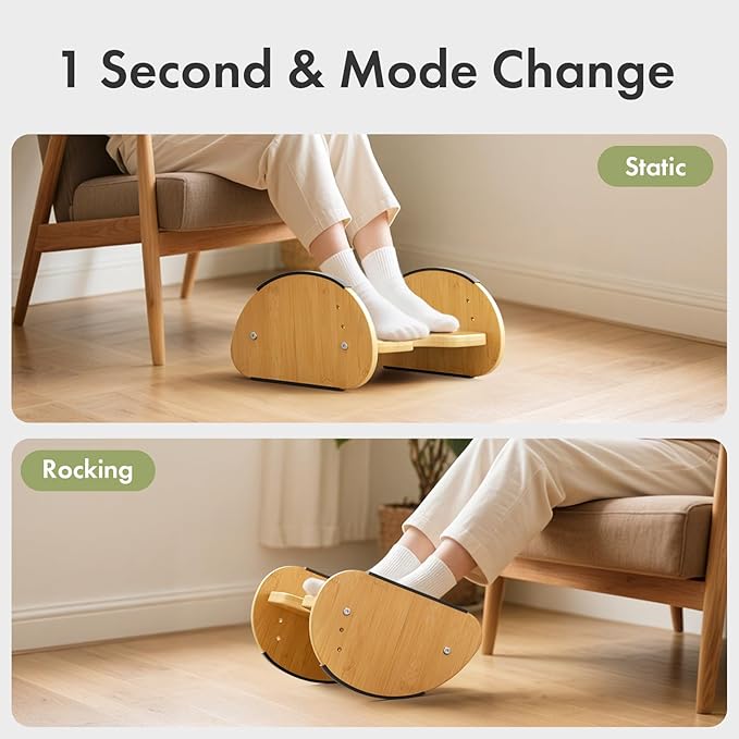 Amazer Bamboo Foot Rest for Under Desk at Work, 2-in-1 Reversible Rocking Footrest Adjustable Foot Stool, Ergonomic Footrest for Under Gaming Desk, Feet Support Leg Footstools for Home Office