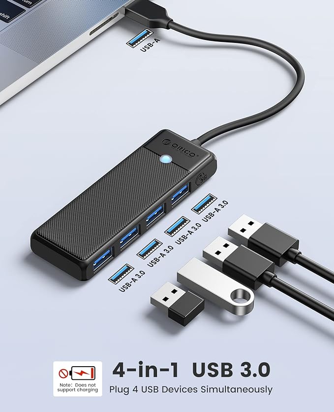 ORICO USB 3.0 Hub, 4-Port USB Hub with Long Cable, Ultra Slim USB Splitter for Laptop MacBook Pro, iMac, Surface Pro, XPS, PS5，PC, Flash Drive, Mobile HDD (Black/6ft)