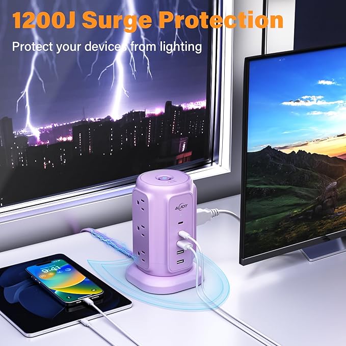 AiJoy Flat Plug Power Strip Tower with 9 Outlets and 5 USB Ports (2 USB C), 1200J Surge Protection with 1625W Extension Cord with Multiple Outlets for Dorm Home Office Supplies, Purple