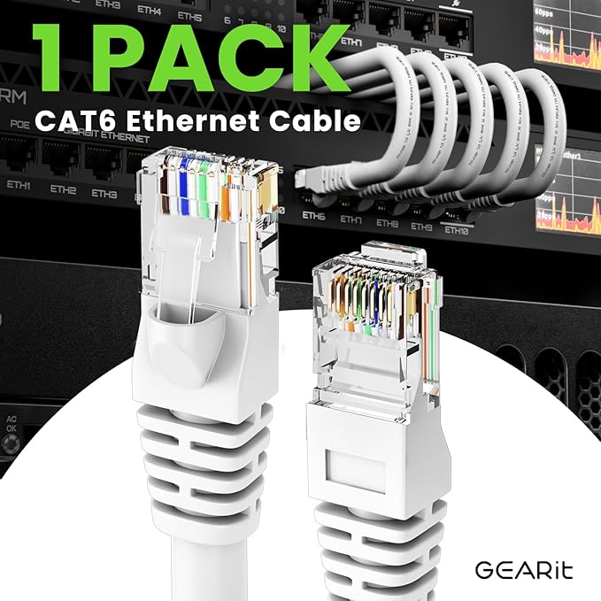 GEARit Cat 6 Ethernet Cable (1-Pack 10 Feet) Cat6 Network Patch, 10Gbps, RJ45, Snagless Cord, Gold-Plated Connectors, Internet for PC, TV, Tablet, Router, Printer, Servers, IT Data Center - White