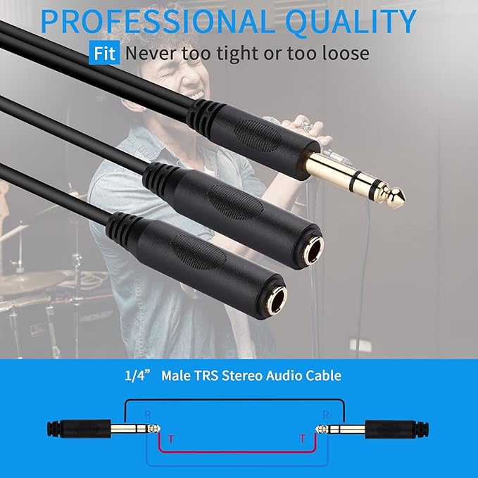 1/4 Splitter Cable, 1/4 Inch (6.35mm) TRS Male to Dual 1/4 Inch TRS Female Stereo Jack Adapter, Quarter inch TRS Headphone Splitter Cable - 8 inches/20cm