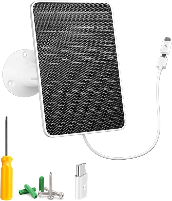 Solar Panel for Security Camera, 5W USB Solar Panel for DC 5V Security Camera, Micro USB & USB-C Port Solar Panel, IP65 Waterproof Solar Charger for Camera,360° Adjustable Mounting 13ft Cable, 1 Pack