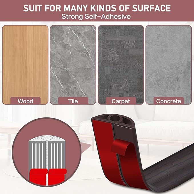 Floor Cord Cover Self Adhesive Cord Hider Floor Extension Cord Covers for Floor Power Cord Protector Cable Management Prevent Cable Trips Cable Cavity 0.32" W x 0.32" H (Dark Walnut, 10Ft)