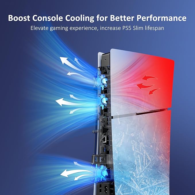NexiGo PS5 Slim Silent Enhanced Cooling Fan with Adjustable Speed, Auto Power On/Off, with USB 3.0 Port, Efficient Cooling System for Both PS5 Slim Disc and Digital Editions