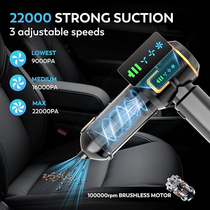 Car Vacuum Cleaner, 22000PA High Power Portable Handheld Car Vacuum & Air Duster, Mini Cordless Vacuum with LED Display, for Home, Office, Camping (Black Golden)