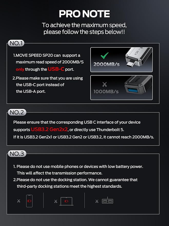 MOVE SPEED 256GB External SSD, 2000MB/s TLC Reliable Transfer Portable SSD with USB 3.2 Gen2x2 + Type C, Cool USB Drive for Phone/Windows/Mac (SP20)
