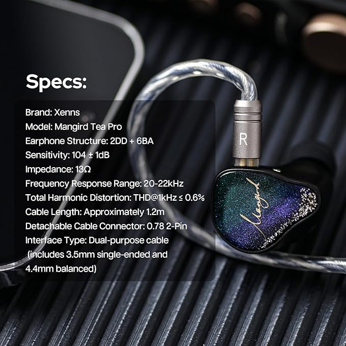 Linsoul Xenns Mangird Tea PRO in Ear Monitor, 6BA+2DD Hybrid Earphone IEM, Wired Gaming Earbuds with Detachable IEM Cable for Musician Audiophile