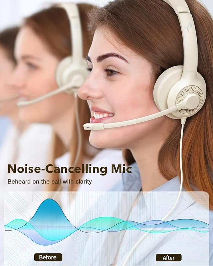 USB Headset with Microphone for PC, On-Ear Computer Laptop Headphones with Noise Cancelling Mic in-line Control for Home Office Online Class Zoom (USB+3.5mm, Apricot)