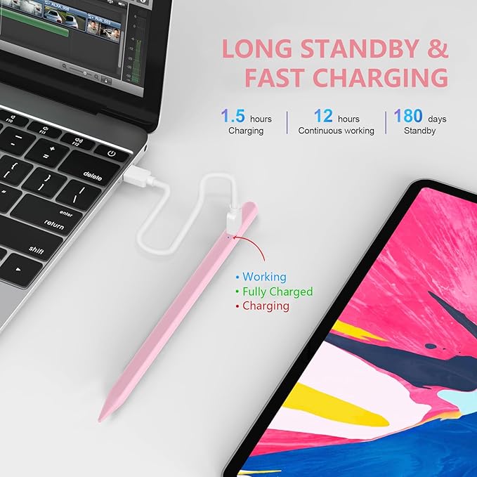 Stylus Pen for iPad 2018-2023 With Palm Rejection, Active Pencil for iPad Pro 11/12.9 Inch, Air 5th/4th/3th Gen, Mini 6th/5th Gen, 10th/9th/8th/7th/6th Generation (Pink)