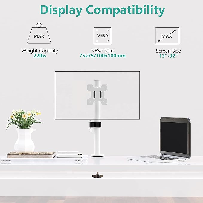 WALI Single Monitor Mount for 1 Computer Screen up to 32 inch, Fully Adjustable Monitor Arm Holds up to 22 lbs (M001S-W), White