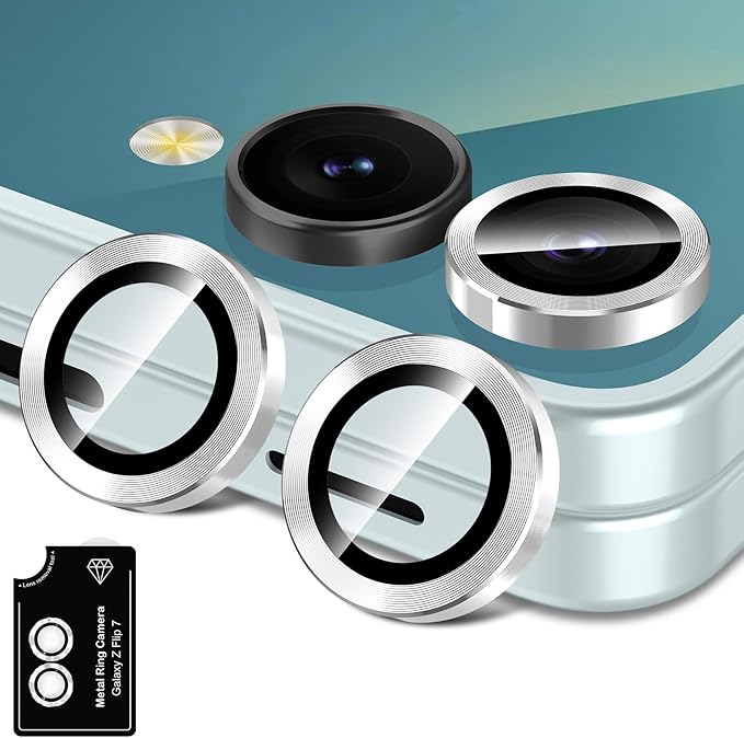 for Samsung Galaxy Z Flip 7 Camera Lens Protector, Individual Metal Ring Tempered Glass Lens Cover, [Strong Adsorption] Scratch Resistant Ultra-Thin HD Clear Lens Cover, 1 Set-Silvery