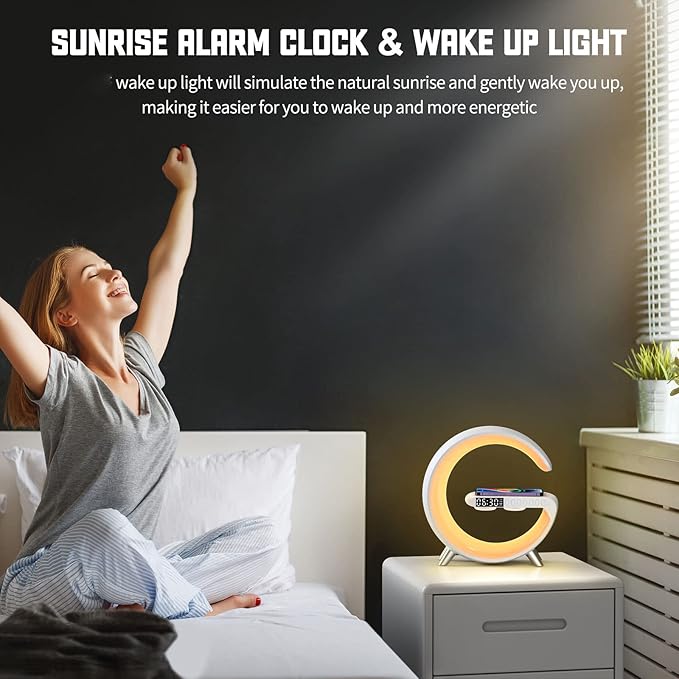 Smart Table Lamp with 4-in-1 Wireless Charger, Night Light, Bluetooth Speaker, Alarm Clock, App Control, Office, Bedroom, Home Decor (Black)