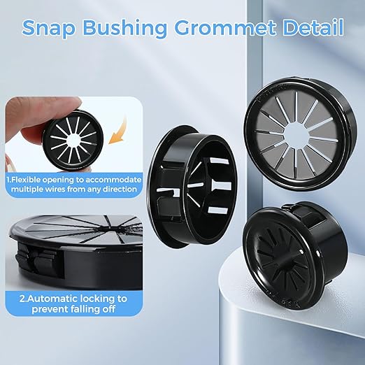 4 Pcs Cable Grommet, Snap Bushing 3-1/8" (80 mm) Mounting Diameter, Flexible Petal-Shaped Buckle Round Nylon Desk Grommet for Wires Through Countertop Cord Organizer and Protection, Black