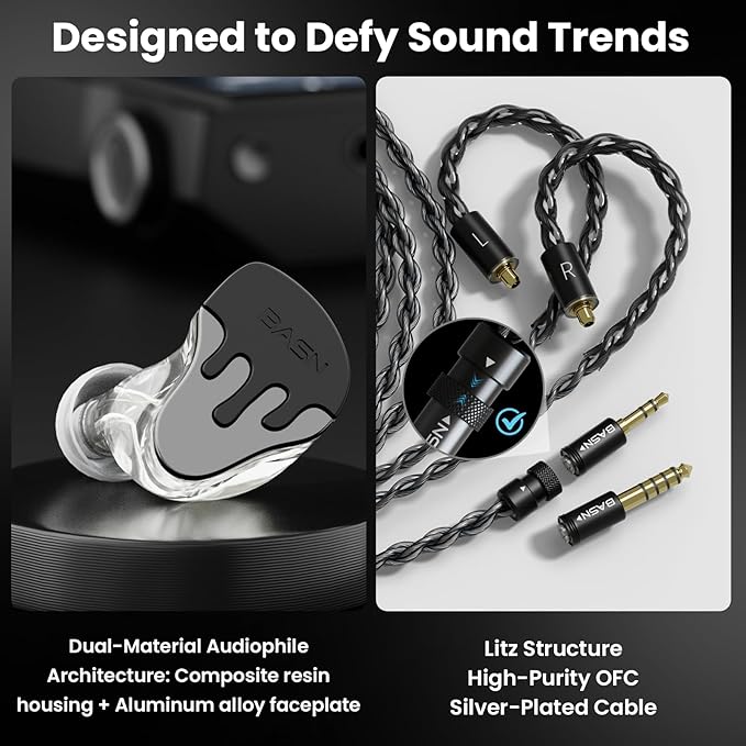 BASN BmasterX in Ear Audio Monitor, Hybrid 6 Drivers IEM Earphones with Crystal Clear Sound, Detachable Cable Plus Carrying Case & Fit Kit for Musician, Stage, Studio (3.5mm/4.4mm Jack, Black/Silver)