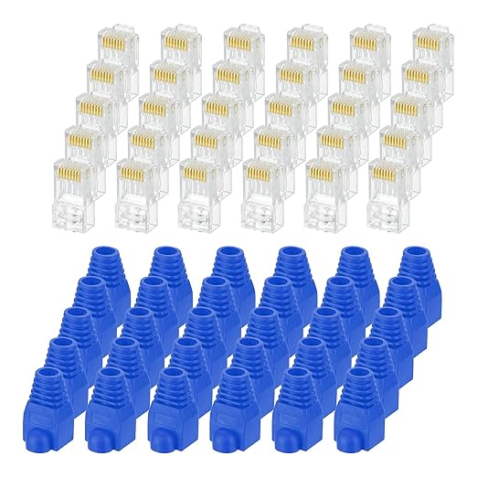 MECCANIXITY 100pcs Cat6 RJ45 Pass Through Connectors, RJ45 Connector 8P8C Gold Plated Plugs with 100pcs Blue Strain Relief Boots for Solid or Stranded UTP Ethernet Cable, 1.1mm