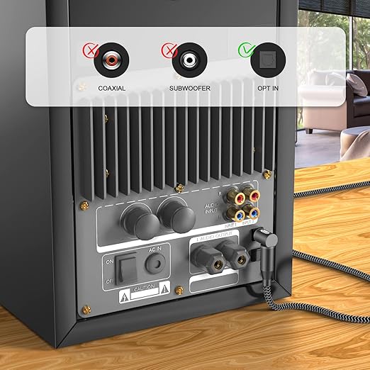 EMK 90 Degree Right Angle Optical Audio Cable [10ft/3M] - 360° Rotatable Digital Toslink SPDIF Cable for Soundbar to TV, Home Theater - Black Fiber Optic Cable with Angled Connector
