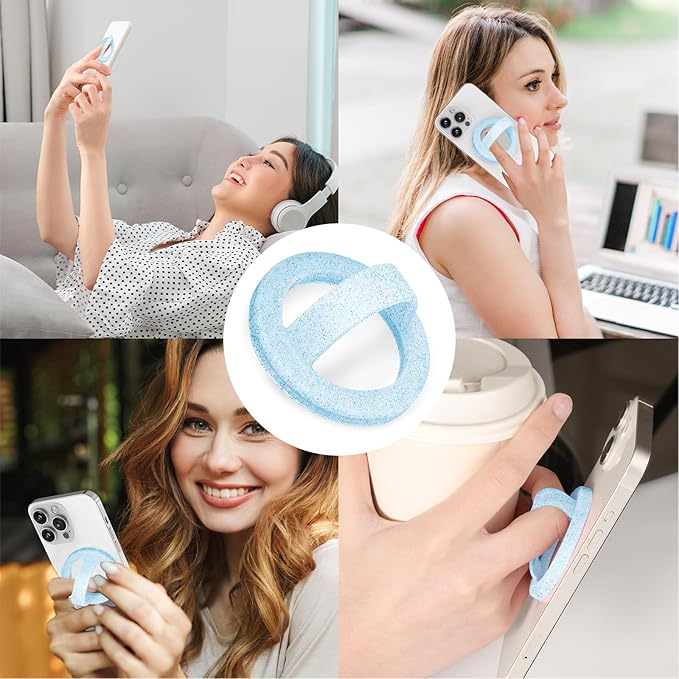 Magnetic Silicone Ring Grip Phone Holder, Loop Grip Phone Holder,Magnetic Phone Loop,Magsafe Phone Grip,Compatible with Magsafe for iPhone 16/15/14/13/12 Series (Blue Sparkle)