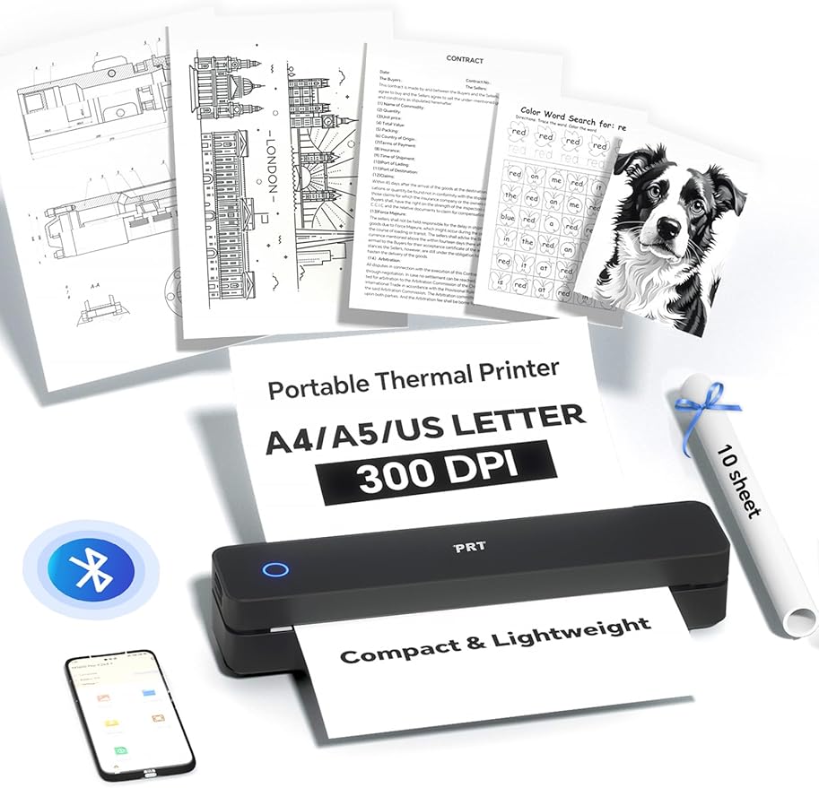 PRT Portable Printer Wireless for Travel, Inkless Bluetooth Compact Mobile Thermal Printer, Supports 8.5" X 11" US Letter, A4 A5, Compatible with iOS, Android, Laptop for Home Use, Office & Vehicles