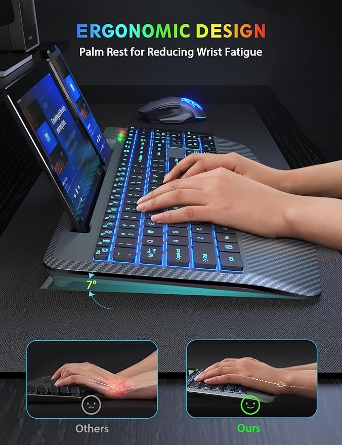 Wireless Keyboard and Mouse Backlits, Wrist Rest, Jiggler Mouse, Rechargeable Ergonomic Keyboard with Phone Holder, Silent Light Up Combo for Computer, Mac, PC, Laptop, Chromebook (Bright Gray)