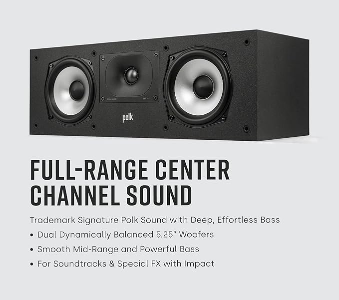 Polk Monitor XT30 Compact Center Channel Speaker - Hi-Res Audio Certified, Dolby Atmos & DTS:X Compatible, 1" Terylene Tweeter & Dual 5.25" Dynamically Balanced Woofer, Midnight Black