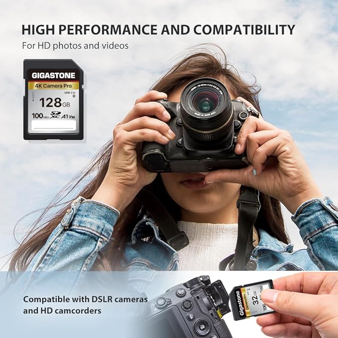 [5-Yrs Free Data Recovery] GIGASTONE 128GB SD Card, 4K Camera Pro, A1 V30 SDXC Memory Card 4K UHD Video Compatible with Canon Digital Camera, with 1 Mini Cases