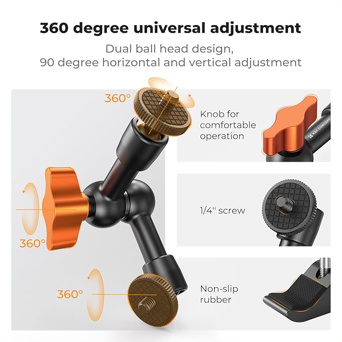 K&F Concept 6" Magic Arm Clamp Kit with 1/4" & 3/8" Thread Screw, Articulating Friction Arm with Camera Clamp Mount for Monitor, LED Light, Webcam, Action Camera