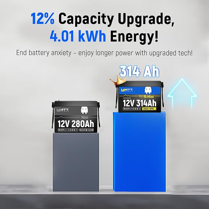 12V 314Ah Lithium LiFePO4 Battery Mini with Bluetooth 5.0 BMS 200A, 4.01kWh Energy, Upgraded Aluminum Cooling Fins & Braided Copper Wires, upporting devices over 2000W (2 PCAK)