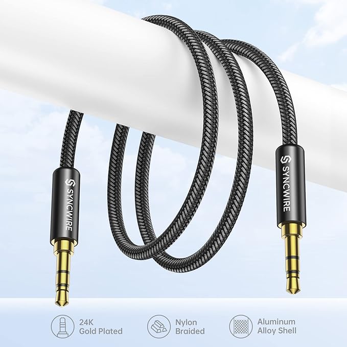SYNCWIRE 3.5mm Aux Cable (9.8ft/3m) Hi-Fi Sound Nylon Braided Auxiliary Audio Cable Adapter Male to Male AUX Cord for Headphones, Car, Home Stereos, Speaker, iPhone, iPad, iPod, Echo & More Black