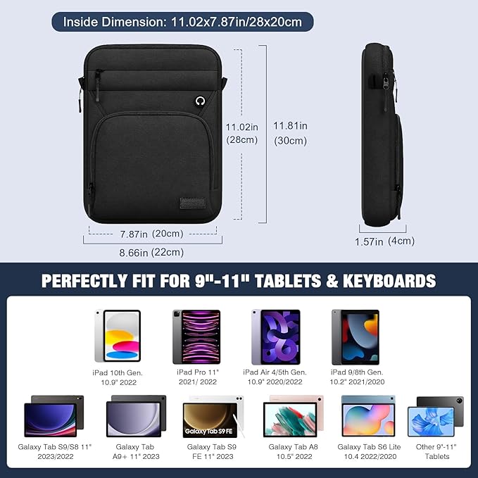 MoKo 9-11 Inch Tablet Sleeve Bag, Fits iPad Air 5/4th 10.9, iPad 9/8/7th 10.2, iPad 10th Gen. 10.9, iPad Pro 11 Inch, Tab S8/S9 11, Multifunctional Bag with Shoulder and Headphone Port, Black