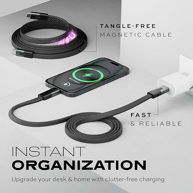 Statik MagStack USB C to USB C Cable, Magnetic Anti Tangle Flat Type C Charger Fast Charging Cord, Magnetic Charging Cable, Compatible with iPhone 16 Pro Max, 15, Galaxy S24 Ultra, 100W 6FT/2M, 3-Pack