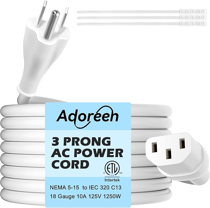 Adoreen 15 Ft Computer TV Replacement Power Cord White, 18AWG 3-Prong AC Universal Power Supply Cable NEMA 5-15P to IEC 320 C13 for Printer, PC, Monitor TV LCD, ETL+Ties