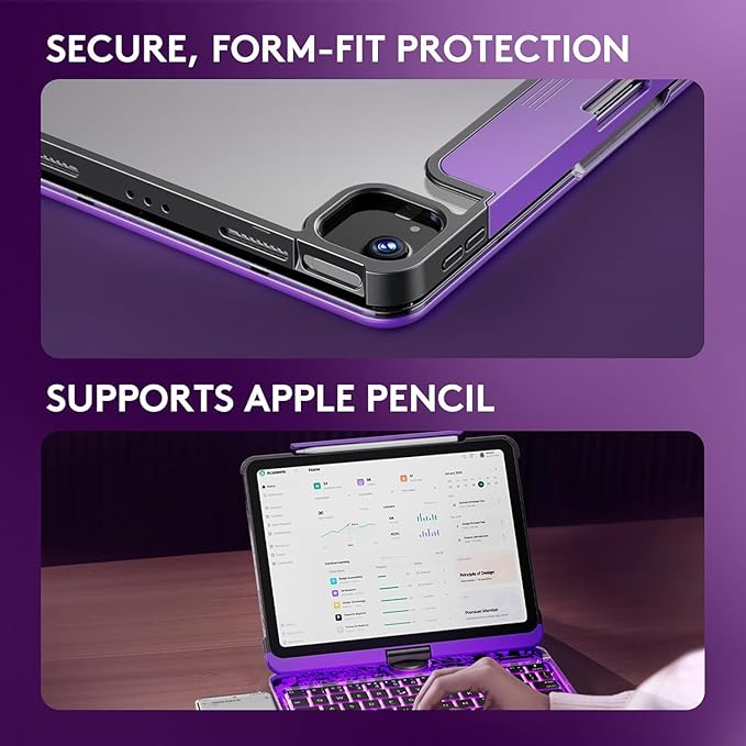 KITONE Transparent Case with Wireless Keyboard for iPad Air 13-in.(M3/M2, 2025/2024), 7 Colors Backlight, Trackpad, 360°Rotating Stand for iPad Pro 12.9-in (6/5/4/3 Gen), Tech Style