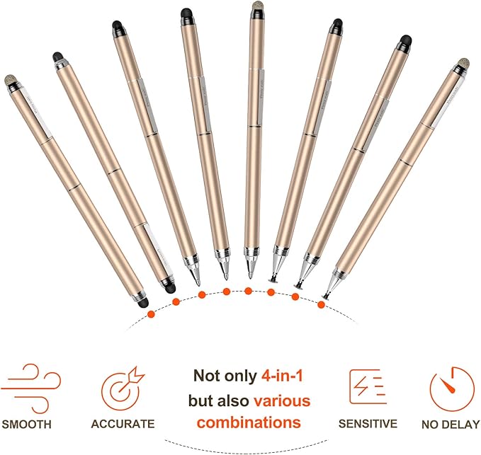 Penyeah Stylus pens for Touch Screens - [4-in-1] High Sensitivity and Precision Touch Screen Stylus Disc Tip,Black Rubber Tip & Mesh Fiber Tip Universal for All Capacitive Touch Screen Device (Gold)