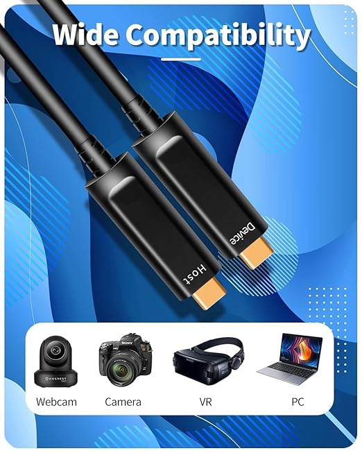 Fiber Optic USB C to USB C Cable(33ft),Slim High Speed 10Gbps USB 3.2 Active Optical Cable for Cameras,AR/VR, Webcam, Laptop etc,Grey